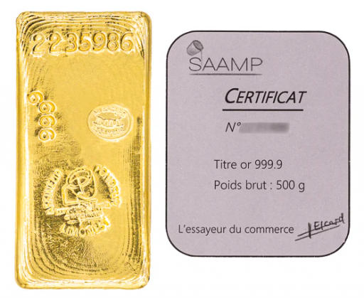 Lingot d’or SAAMP de 500 grammes et son certificat